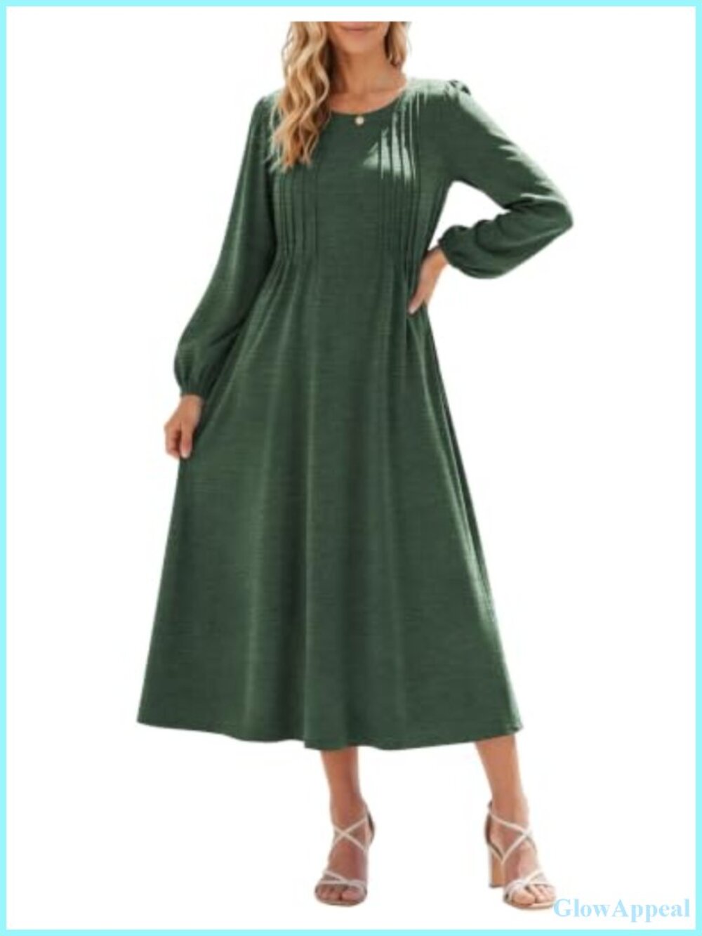 Casual Long Sleeve Midi Dress with Pockets Pleated Flare A-Line T-Shirt Dress